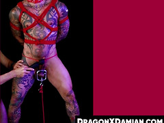 Hunk Damian Dragon is bound and endure from spanking and ball busting