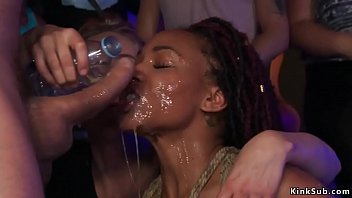 Hot ebony slave fucked in Spanish nightclub