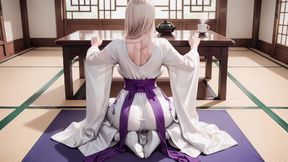 White Kimono Maid! Kneeling in the Japanese Corridor, Huge Slit Revealing Wet Thighs Under the Sun.
