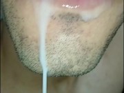 cum in my mouth, I play with your cum, and I swallow it, closeup, naughty gay, tongue, sloopy
