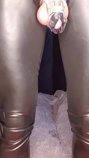 Rubber doll cums in chastity