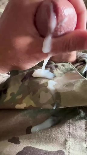 jerking at my sarge&#039;s desk - shooting loads of cum in my uniform in my barracks