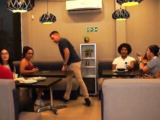 Spouse and wife get very concupiscent - have sex in the restaurant restroom and get caught