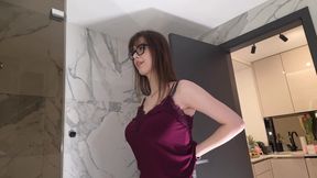 New secretary tall sexy horny brunette babe in glasses in the bathroom poses for many cameras