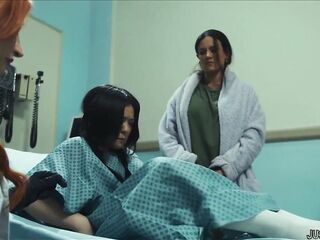 Lulu masturbates often, but this morning that babe noticed smth growing without her twat. This babe quickly went to the hospital and the nurses screwed it!