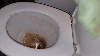 Hot man cleaning nasty toilet in rubber and leather