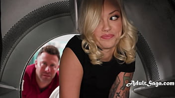 Pretty blonde gets doggystyle and reverse cowgirl fucked in the laundry room