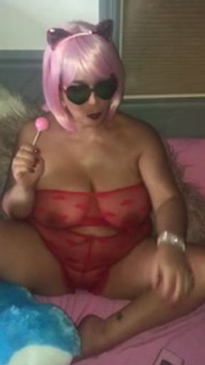 Curvy cosplay MILF smoking sucking lollipop playing with huge tits