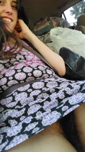 Public Car play Makes Me Excited! Hairy Pussy Thick Thighs Slut in Passenger Seat Flashes Upskirt