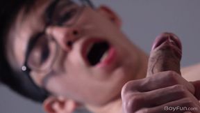 Nerdy Latino twink jerks off &amp; eats his cum before Stepdaddy get home from work
