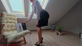 Serious Business Woman Trying on Her New Luxury Pantyhoses for You - Business-bitch
