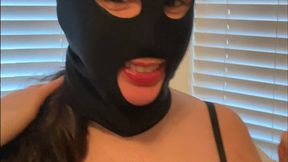masked Scarlett Kage sweet tooth JOI & JOE - gimp mask, lipstick, brown eyes, red leather, masturbation encouragement, nurturing domme, blowjob simulation MP4