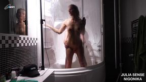 Slender wife gives steamy blowjob to her husband's friend in the sauna
