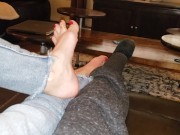 Sexy feet and jeans with toe rings and red polish