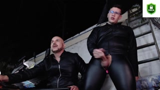 Horny fun at tthe backyard with hot leather on, and cuming in his mouth a tasty load