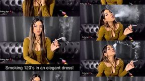 Sensually smoking 120s cigarette in an elegant olive dress!