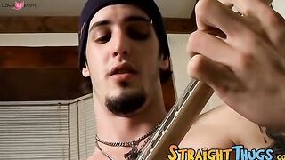 Horny straight thug Axel plays with the guitar and his cock