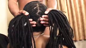 Gorgeous ebony babe blows giant cock on her knees