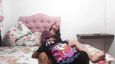 She caresses my pussy then gets so horny she licks it while fingering herself until I cum