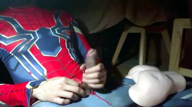 Thai man in Spider-Man costume explores his bare ass alone