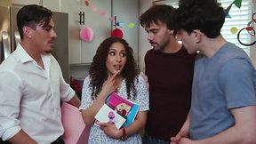 Stepsons gave their hot curly stepmom anal gangbang on her birthday