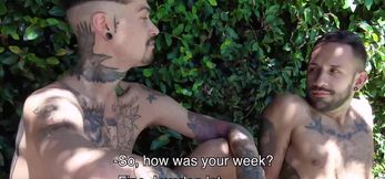 Tatted dudes Kendro and Milo hang out by the swimming pool t