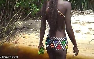 Skinny zulu hottie with perfect tits getting fucked while bathing in the river