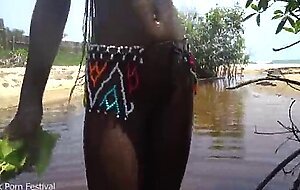 Skinny zulu hottie with perfect tits getting fucked while bathing in the river