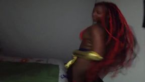 Big Booty Wonder Woman deep throats huge cock with braided hair while stuffed with spit