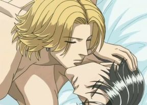 Blonde hentai gay man and his brunette fag fucking in bed