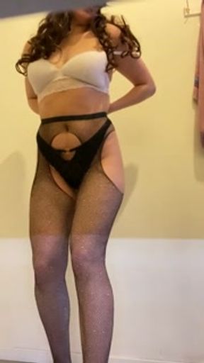 babe in pantyhose jumping on a dildo