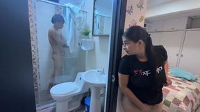 STEPMOM DON'T ON ME THAT I'M SHOWERING. My stepmom is very slutty and watches me while I take a shower.