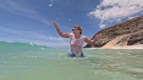 Girl Wetting Jeans in the Ocean and Swimming in Wet White T-shirt