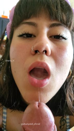 Close-up Playing with My Tongue and Wet Mouth on His Cock