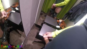 In front of several mirrors, I pleasurably masturbate my thick foreskin cock in the changing room of a clothing store