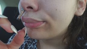 My Giantess stepsister finds a tiny stepbrother in her car and plays with him and puts it in her nose