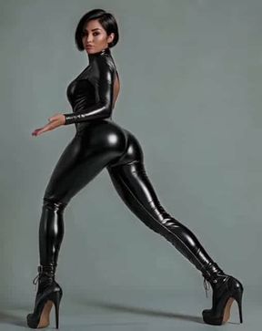 Hot Short Black Haired AI Generated Asian Stripper in Sexy Shiny Black Latex Bodysuit and Stiletto Heeled Boots.