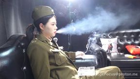 Military Uniform Smoking Roleplay: Asian Model Inhaling and Exhaling Thick Smoke Plumes HD