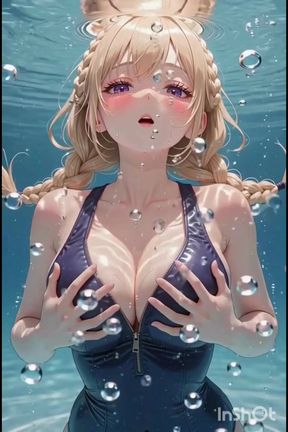 Cute blonde relaxing in and around the pool in a swimsuit anime