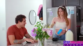 Stepbrother's cock gets morning wood, Della Cate sucks it off