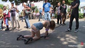 Bound slave takes big knob in public