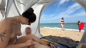 Making him cum in a public beach &mdash;  with people passing by!
