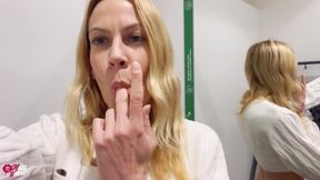 Blonde Slut with Plug in Ass in the Locker Room