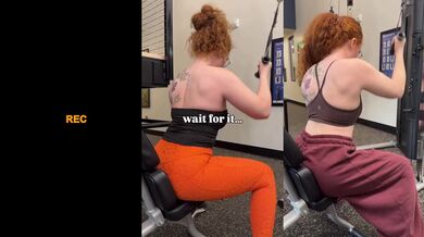 Hot redhead stuffed gym leggings drips cum all over solo