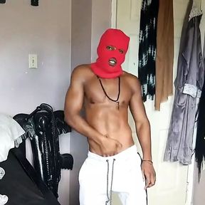 Stripper Dancing for a Minute at the Beginning in Grey Sweatpants and a Red Ski Mask Then Jerking My Thick Oiled Uncut Cock