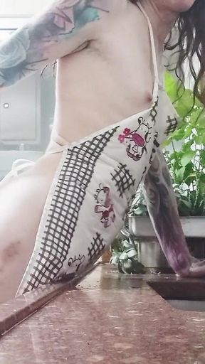 Trans Housewife Masturbating and Cumming in the Kitchen