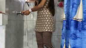 Nati tied up in shower with dress