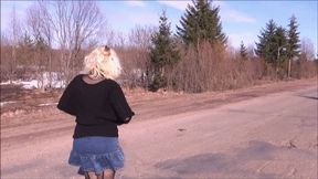 Jeans skirt and black pantyhose-Sexy walk big ass 2