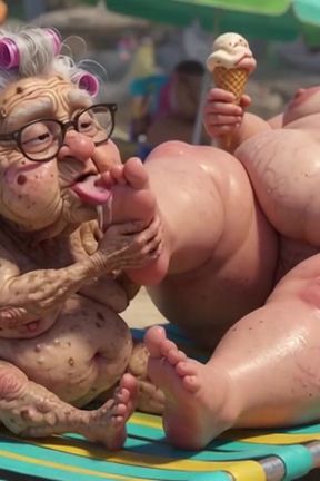 Elderly Granny Passionately Sucking BBW Feet on the Beach