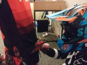 Motocross guy jerks off after sex to his partner